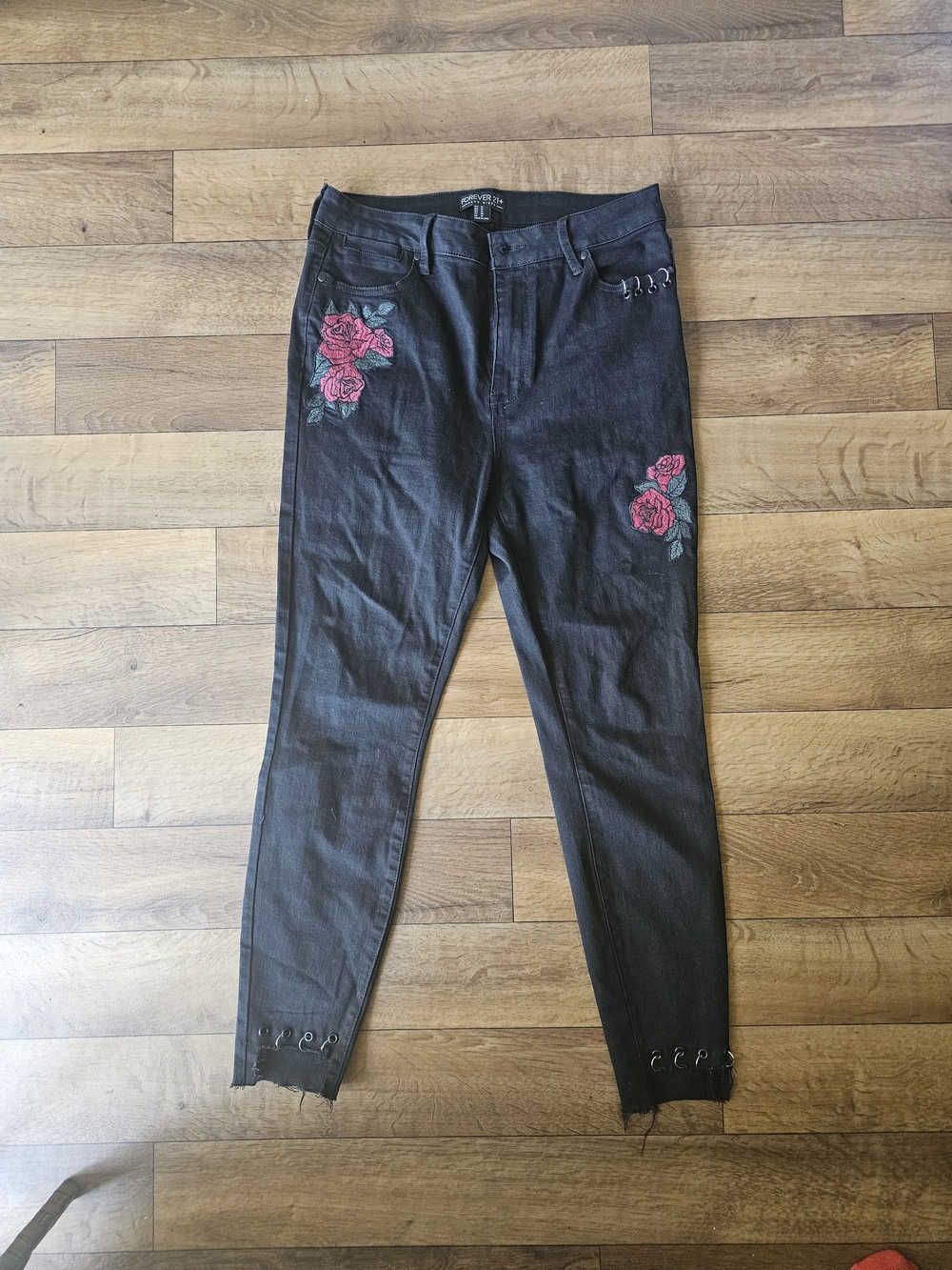 Forever 21 Black Skinny Jeans with Red Rose Embroidery
